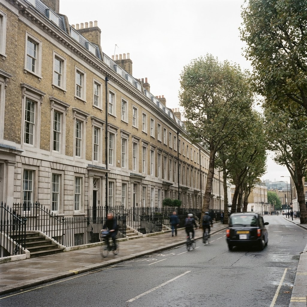 Victorian brick and stone terraced office buildings on a central London street near Gray’s Inn Road